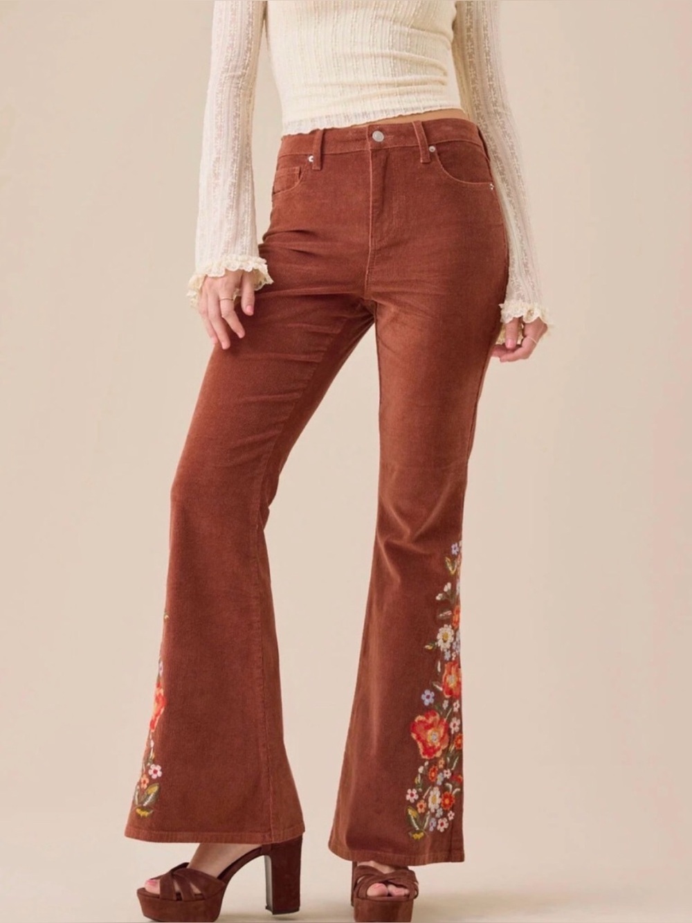 Altar’d State Sz 25 Brown Floral Embroidered Corduroy Flare Pants Boho Western